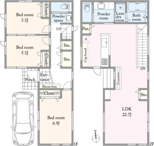 ■建物プラン例（間取図Ｂ区画）建物面積：100.35？（30.35坪）、建物価格：4873万円　※別途、外構工事費・付帯工事費・諸費用等が必要となります　※当該プランの採用および変更は自由に可能です