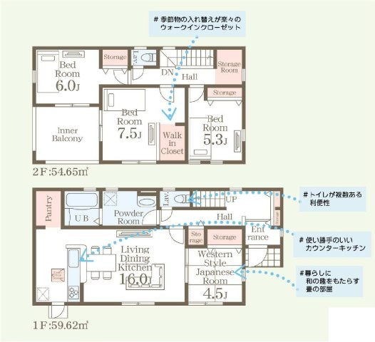 建物面積114.27？　全居室南向きで日当たり良好！パントリー・納戸収納・ウォークインクローゼット・各部屋収納付きで便利です！インナーバルコニーなので突然の雨でもお洗濯物も安心です♪　