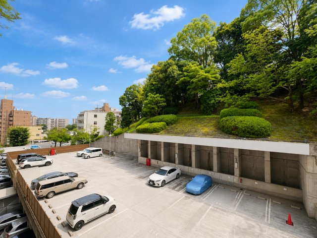 敷地内の緑豊かな植栽を望む、開放感のある眺望。周辺の建物との距離が確保され、圧迫感を感じにくい環境です。