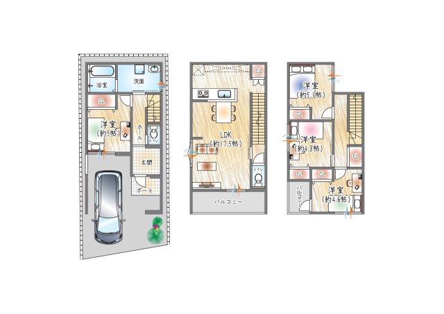 参考プラン図？(ベストプラン住宅　建物価格：2480万円～)　■3階建て／4LDK　■建物面積：約97.89？　南向き×2階リビングで、明るく開放的な暮らし。