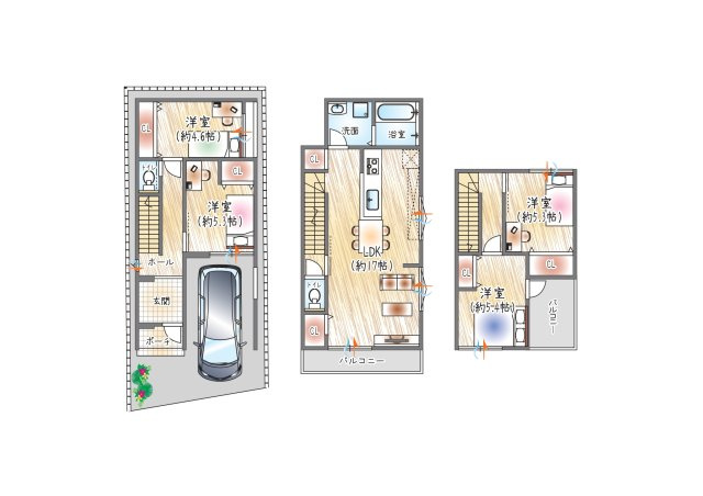 参考プラン図？(ベストプラン住宅　建物価格：2480万円～)　■3階建て／4LDK　■建物面積：約98.73？　2階に水回りを集約、家事動線すっきり◎