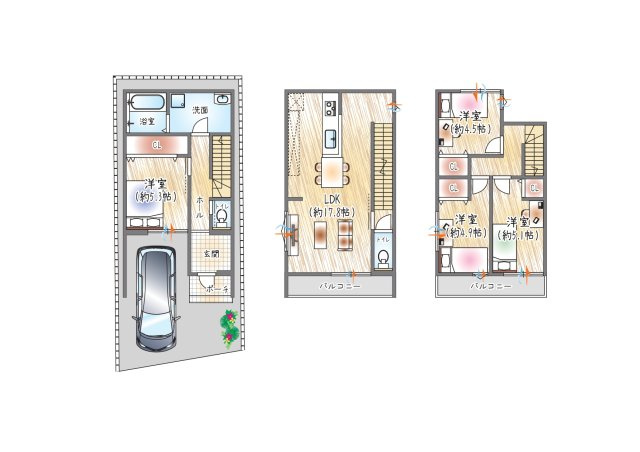 参考プラン図？(ベストプラン住宅　建物価格：2480万円～)　■3階建て／4LDK　■建物面積：約98.11？　濡れずに乗り降りできる、安心のビルトインガレージ付き！