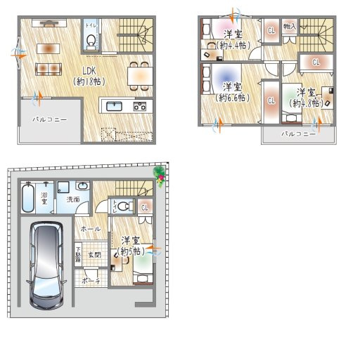 【参考プラン？】(ベストプラン建物価格：2480万円～)　■建物面積：99.05？　■3階建て×4LDK　約18帖LDKと隣接するバルコニーで、開放感を感じる空間設計