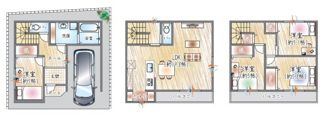 【参考プラン？】(セミオーダー建物価格：2630万円～)　■建物面積：105.18？　■3階建て×4LDK　各居室収納＋パントリー付きで収納計画◎19帖超のLDKは家族が自然と集まる空間です。