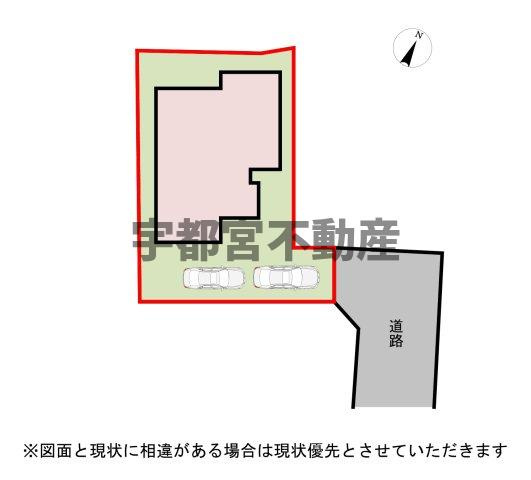 【区画図】住宅地の奥なので交通量も少なく安心です。縦列2台可能です。