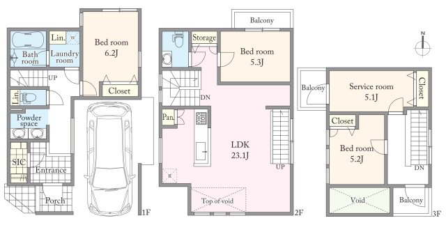 ■建物プラン例（間取図）建物面積：142.23？（43.02坪）、建物価格：6380万円　※別途、外構工事費・付帯工事費・諸費用等が必要となります　※当該プランの採用および変更は自由に可能です