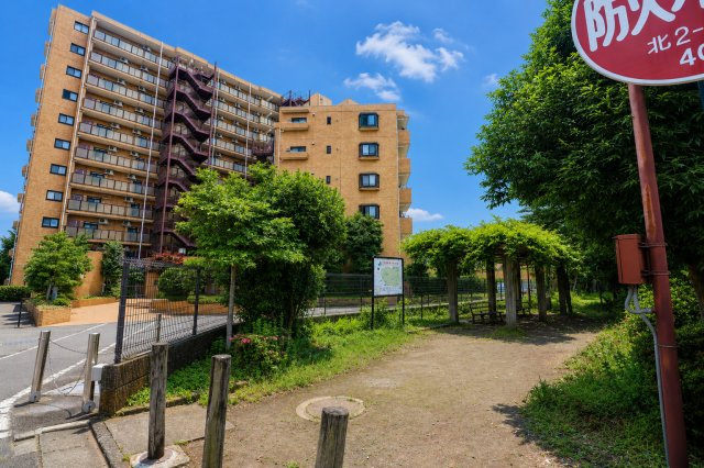 緑豊かな公園に隣接した外観。四季折々の自然を感じながら、穏やかな生活を送ることができます。
