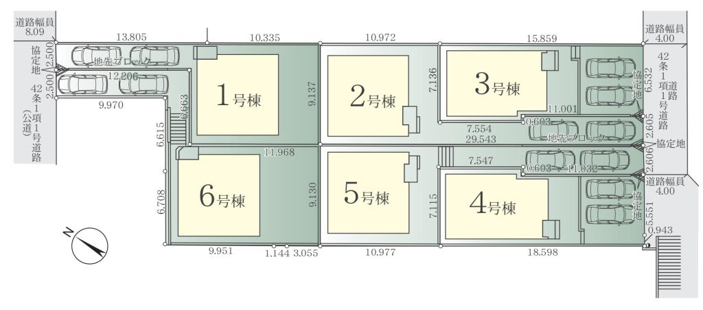 ※3・6号棟成約済　1号棟　北西側約8ｍ公道　旗竿地（間口約2.5ｍ）　駐車2台（車種によります）　敷地面積42.1坪（路地状部分含む）　※協定地あり