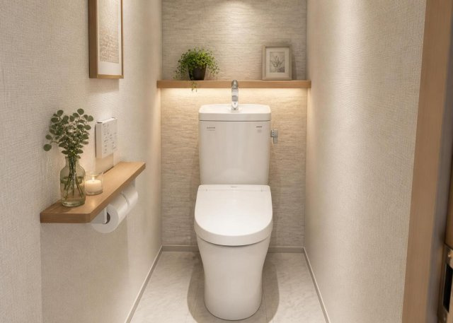快適な温水洗浄便座付きのトイレは、1階と2階の合計2ヶ所に設置されています。朝の忙しい時間帯も混雑せずにスムーズに使用でき便利です。衛生面や掃除のしやすさにも配慮された清潔感のある空間です。