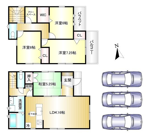 4LDK　土地面積：140.34ｍ2　建物面積：99.63ｍ2　駐車3台可