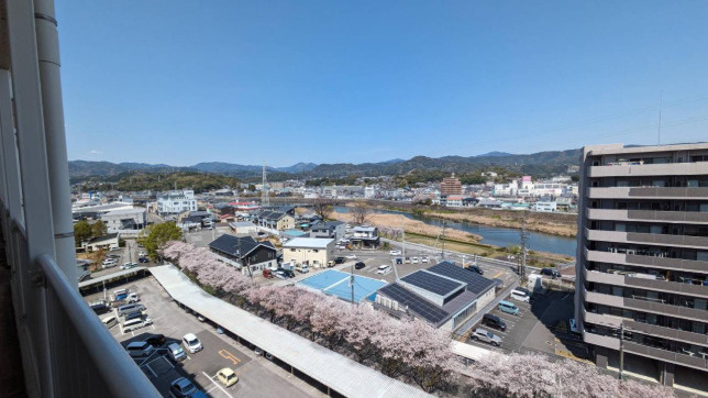 春には桜並木と川沿いの風景を一望できるロケーション！