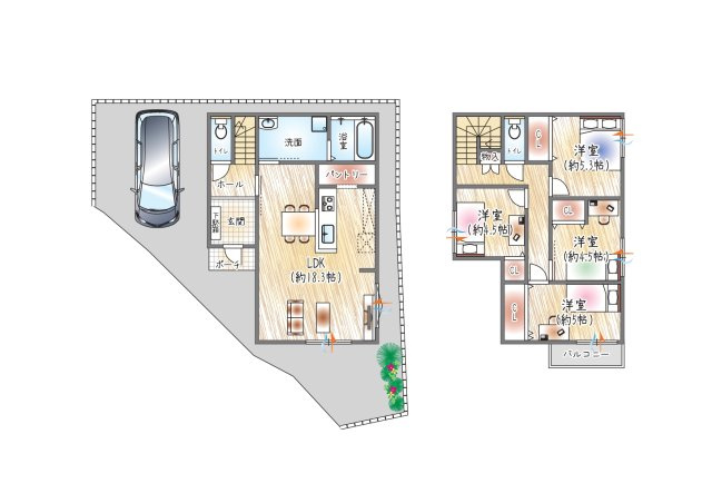【4号地／参考プラン図？】(ベストプラン住宅　建物価格：2480万円～)　■2階建て／4LDK　■建物面積：約98.54？　大容量のパントリー付き！18帖のLDKに西側から明るい陽光が差し込む住空間◎