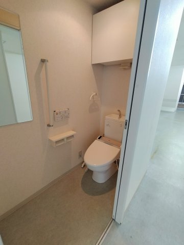 スライドドアのトイレです。備品をしまっておける収納もありますね。
