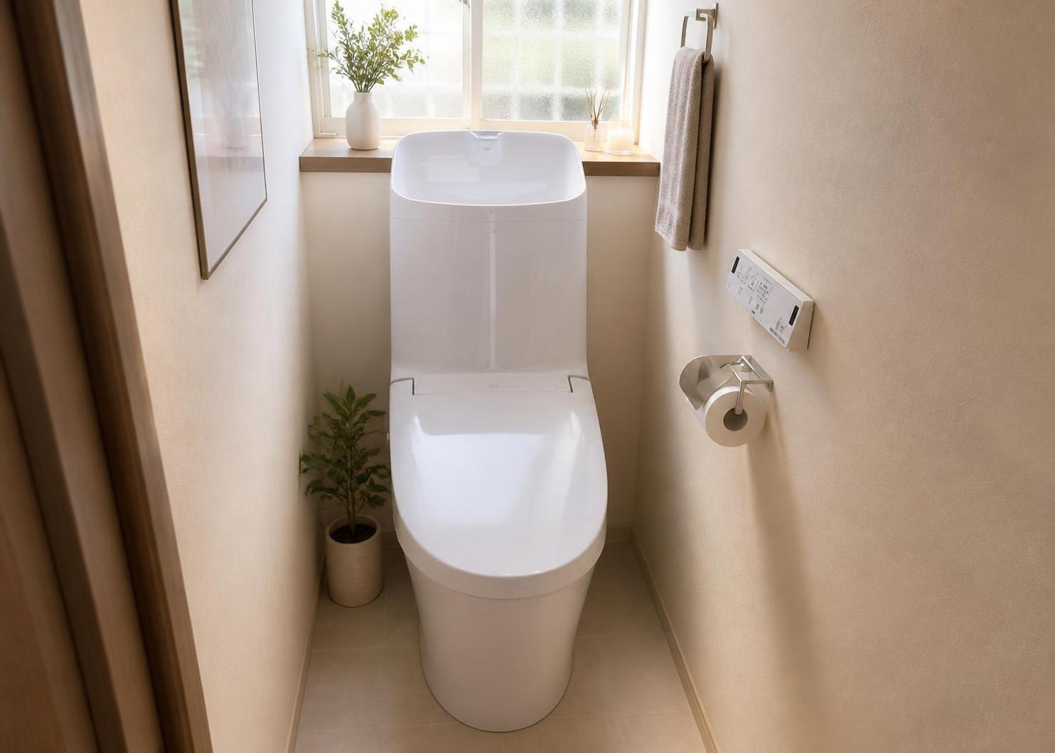 2026年6月のリフォームで温水洗浄便座付きのトイレに新品交換完了予定です。毎日使う水回り設備が新しく清潔に生まれ変わります。クロスや床も貼り替えられ、爽やかで心地よい空間としてご利用いただけます。