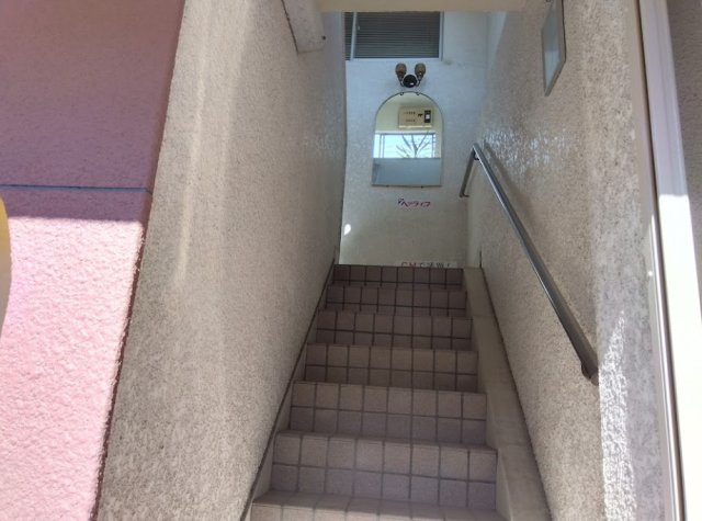 2階店舗に上がる階段です。手摺が付いており安全に配慮されています。