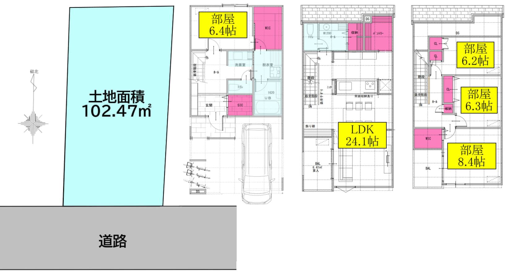 建物プラン例、土地価格2億6480万円、土地面積102.47m2、建物価格5500万円、建物面積153.23m2