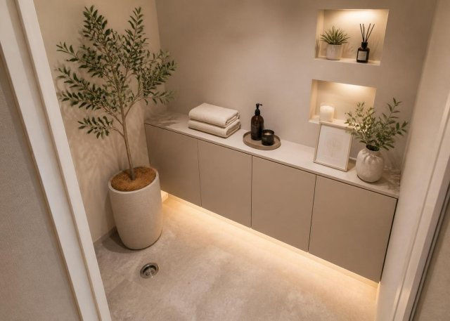 衛生的にご使用いただける温水洗浄便座を装備したトイレです。バス・トイレ別で快適なプライベート空間が確保されています。上部にはトイレットペーパーなどを整理できる収納棚も備えられており使い勝手良好。