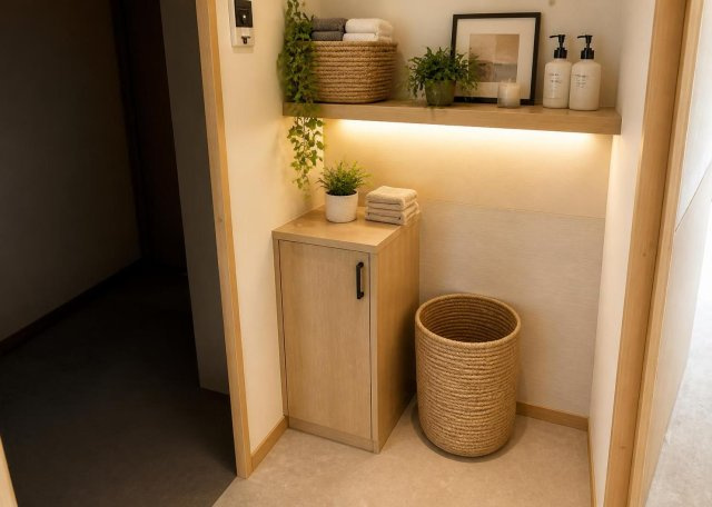 使い勝手の良い洗髪洗面化粧台を完備。大型の鏡と収納棚が備わっており、基礎化粧品や洗面用具などをすっきりと収納できます。毎日の身だしなみチェックやヘアセットもストレスなく快適に行える設備です。