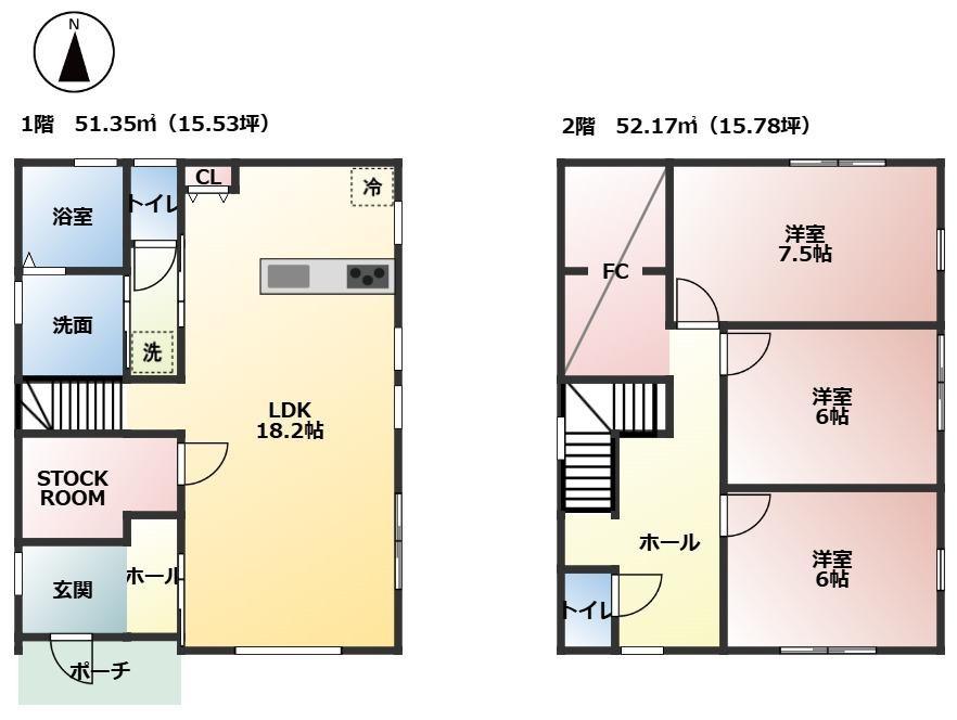 【※参考プラン間取り図】　3SLDK＋ウォークインクローゼット　建物価格：21、030、000円。　1階：51.35？、2階：52.17？、延床面積：103.52？。