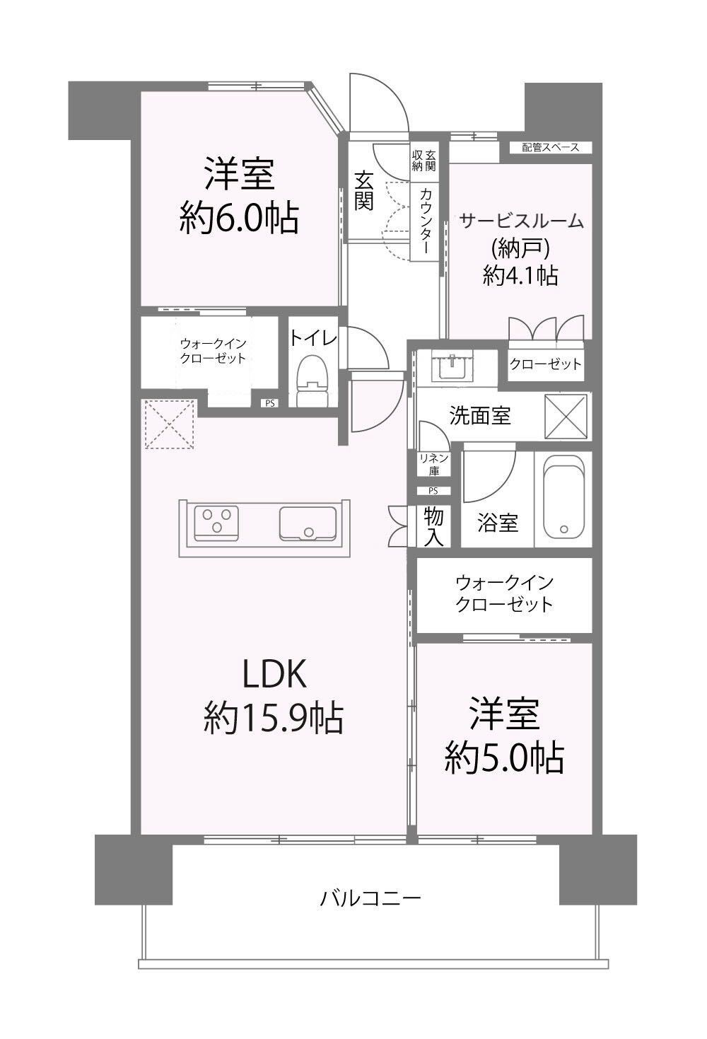 約15.9帖のゆとりあるLDKに、2つのウォークインクローゼットを備えた収納充実の間取り。約4.1帖のサービスルームは書斎や趣味の空間など、多彩な用途に活用できます。
