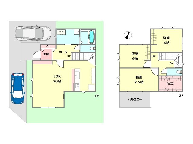 広々とした20帖のLDK:　1階の大部分を占めるLDKは20帖と広く、家族が集まってもゆったりと過ごせます。2階のすべての洋室に収納があり、特に寝室には広いウォークインクローゼットが備わっています。