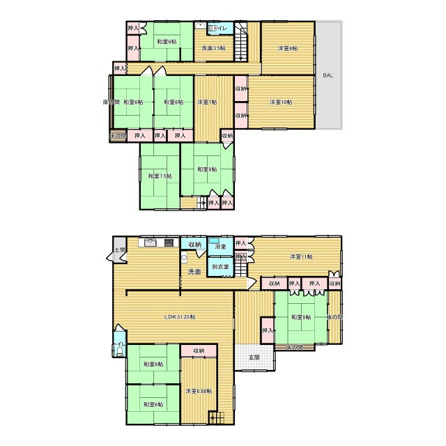 13LDKのゆとりある間取りは、ご家族それぞれの個室を確保しやすく、多人数での生活にも対応できる設計です。和室・洋室がバランスよく配置されており、用途に応じた使い分けが可能。