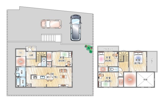 (セミオーダー住宅　建物価格：2630万円～)　※参考プランのため基礎・延床・吹抜けは別途見積もり　【建物面積：122.55？】　駐車3台可！WICが贅沢に2か所