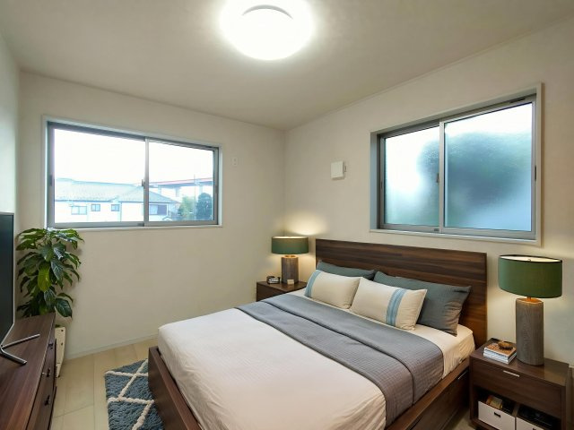 【洋室1　約5.7帖】※家具家電等はCG加工になります。現況優先　落ち着いた雰囲気の洋室。寝室や子ども部屋など、幅広くお使いいただけます。