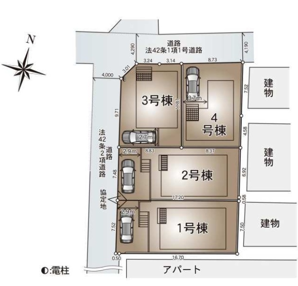 ※2号棟成約済　4号棟　北側約4.1～約4.2ｍ公道　駐車1台（車種によります）　敷地面積31.0坪