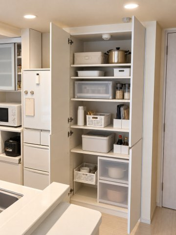 キッチン脇の物入収納。奥行きが深くしっかり収納できます。　※AI加工により空室に近い状態