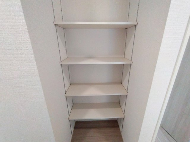 棚の高さ調整ができ様々なものの収納に便利なスペース。
