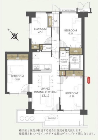 4LDK　専有面積78.15m2　バルコニー面積10.20m2