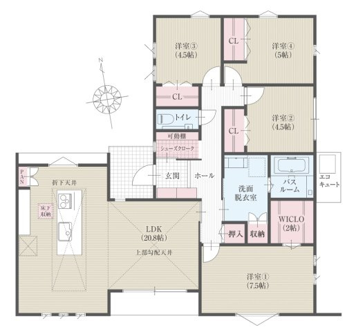 4LDK平屋プラン：土地面積267.45？（80.90坪）、建物面積101.85？（30.80坪）