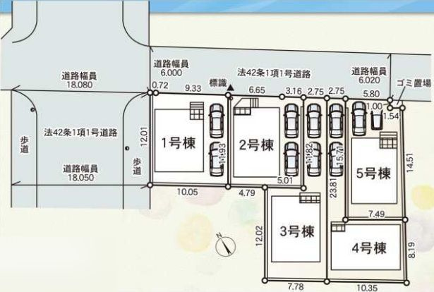 3号棟　旗竿地（間口約2.7ｍ）　北東側約6.0ｍ公道　駐車2台（車種によります）　敷地面積38.1坪（路地状部分含む）