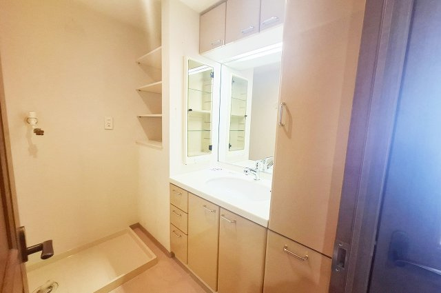 洗面室：収納豊富な洗面室は日用品を片付けやすく、身支度スペースをきれいに保てます。
