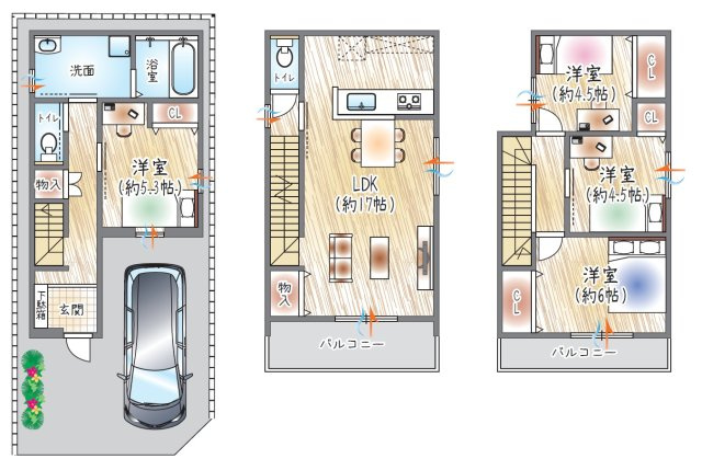 【参考プラン？】(ベストプラン建物価格：2430万円～)　■建物面積：99.79？　■3階建て×4LDK　ランドリースペースを採用、洗濯動線に配慮し各居室収納も備えた住まい