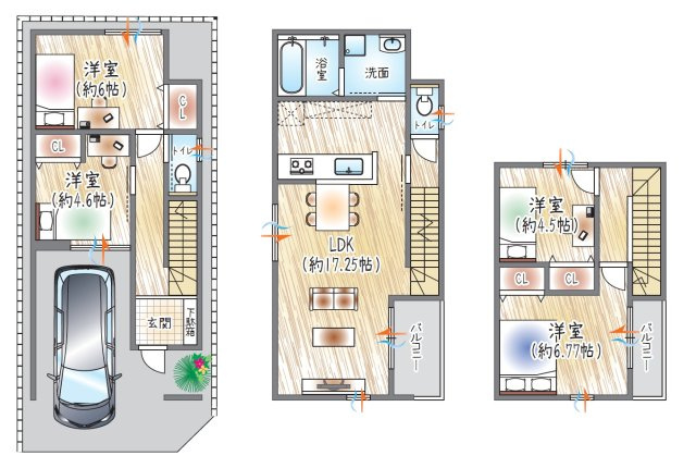 【参考プラン？】(ベストプラン建物価格：2430万円～)　■建物面積：99.37？　■3階建て×4LDK　2階に水廻りを集約し、毎日の家事効率を高めた動線設計。