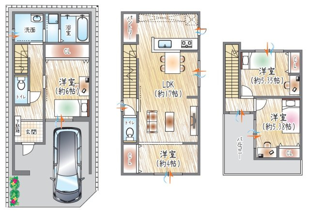 【参考プラン？】(ベストプラン建物価格：2430万円～)　■建物面積：97.73？　■3階建て×4LDK　パントリー採用×各居室ゆとり確保、生活感を上手に隠せる間取り設計