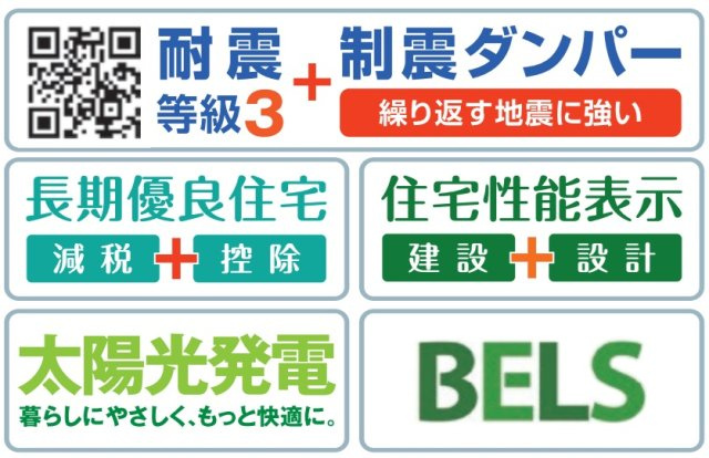 耐震等級3、制震ダンパー、長期優良住宅、住宅性能表示、太陽光発電、BELS省エネ