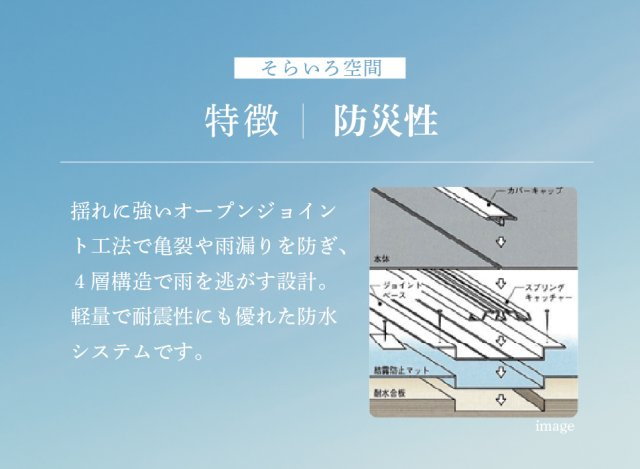 【地震・台風に強い防災性】　雨水を侵入させないつなぎ目の仕組み「オープンジョイント工法」を用い、揺れることで力を分散させ耐震性を発揮する木造住宅にマッチした施工。