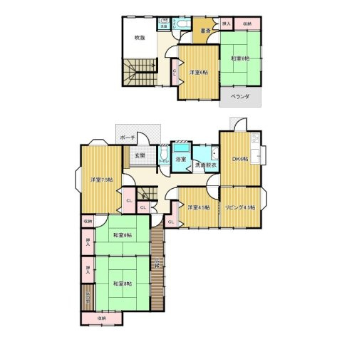 部屋数が豊富で、ご家族それぞれのプライベート空間を確保しやすい間取り。和室・洋室がバランスよく配置されており、生活スタイルに合わせた使い分けが可能です。収納も各所に設けられております。