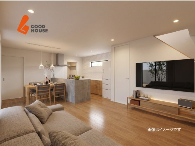【参考プラン：内観】対面キッチンで、家族の会話が弾む間取りです。