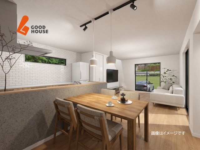 【参考プラン：内観】キッチンのタイル調の壁がアクセントに。グレーの引き締め感が内装に落ち着きをプラス