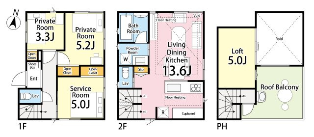 2LDK+S+ロフト+屋上ルーフバルコニー　敷地面積　46.32ｍ2　建物面積　64.84ｍ2　建物価格　2、530万円