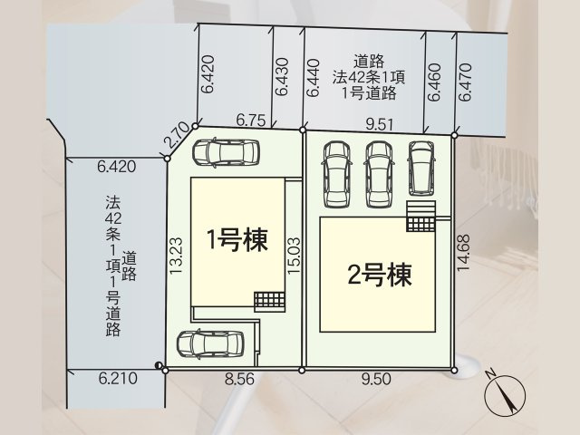 全2区画図の販売です。1号棟をご参照ください。駐車スペースは2台可能！