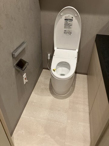 手洗いボウルと大きな鏡を備えた綺麗なトイレです！すっきりとしたデザインで落ち着いた空間ですね♪