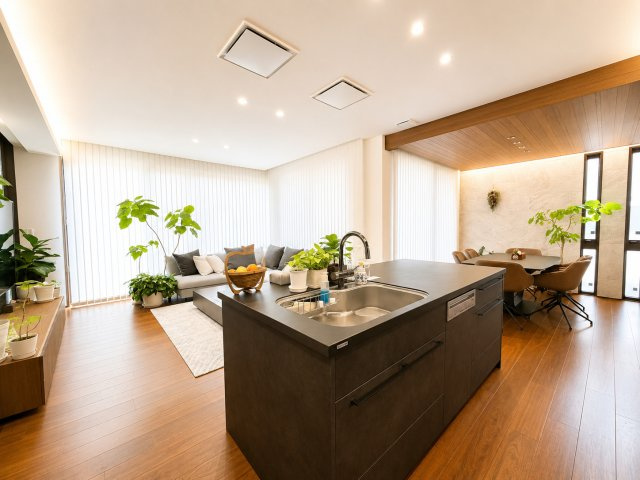 セラミック天板のアイランドキッチンにミーレのフロントオープン食洗機を装備。上質なデザインと高い機能性で家族やゲストとの会話も弾み、料理時間が特別になる心地よい空間です。