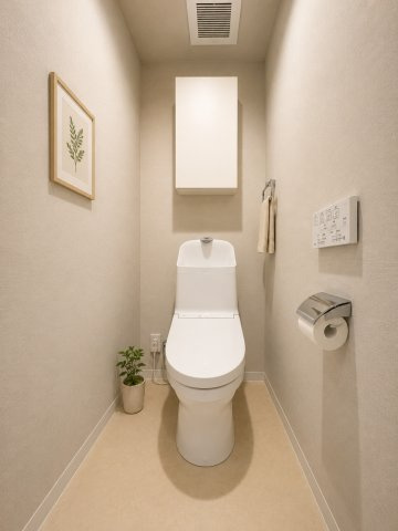 手洗い一体型の温水洗浄便座を備えた、清潔感のあるトイレです。上部には収納も設けられており、備品をすっきり収められます。　※バーチャルステージングを実施しています