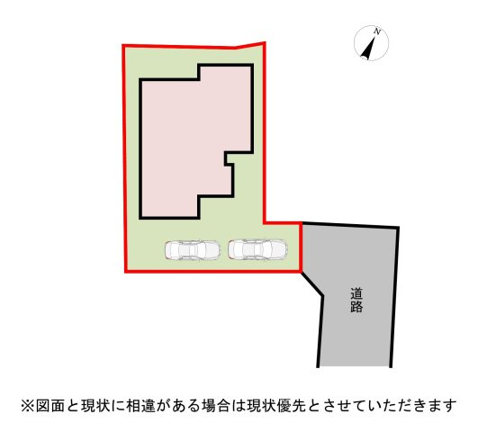 【区画図】住宅地の奥なので交通量も少なく安心です。縦列2台可能です。