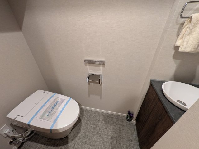 お掃除がしやすく、節水型の高機能タンクレストイレ（新規交換）！手洗いカウンターを別に設置しており、落ち着いた空間に仕上げられています！